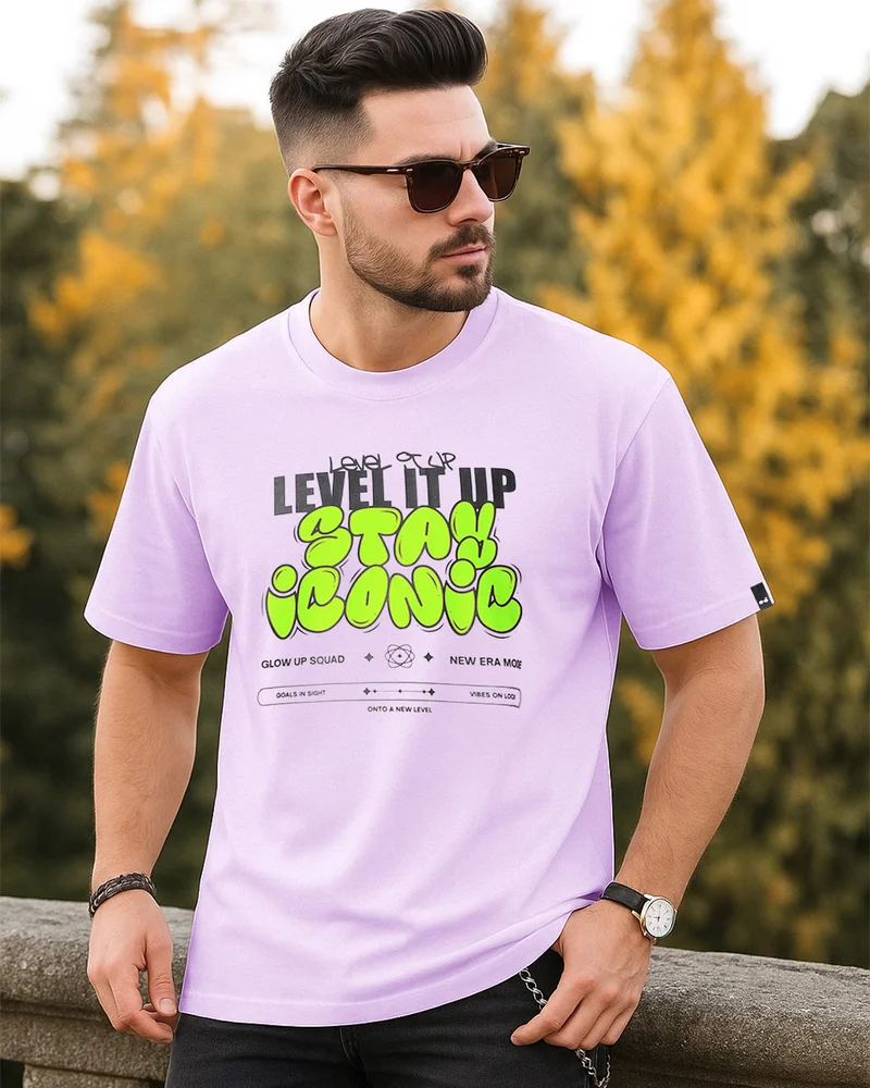 bewakoof Men's Purple Level It Up Stay Iconic Typography Oversized T-shirt